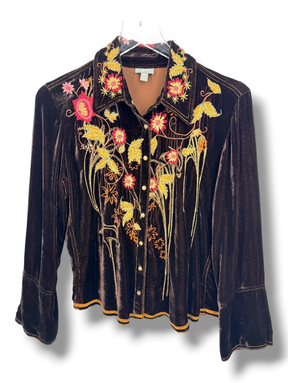 J. Jill blouse women's SP embroidered floral velvet silk blend choc brown boho